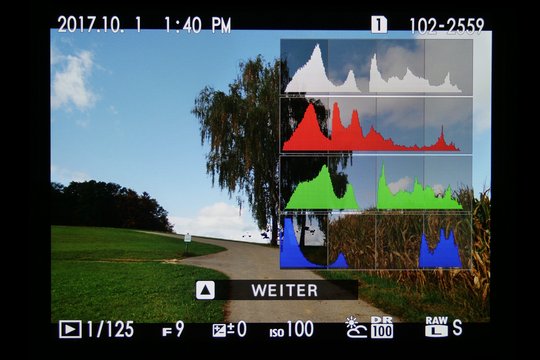 Fujifilm GFX 50S: Wiedergabemenü, Histogramme, durch vertikales Blättern sind weitere Infos abrufbar.