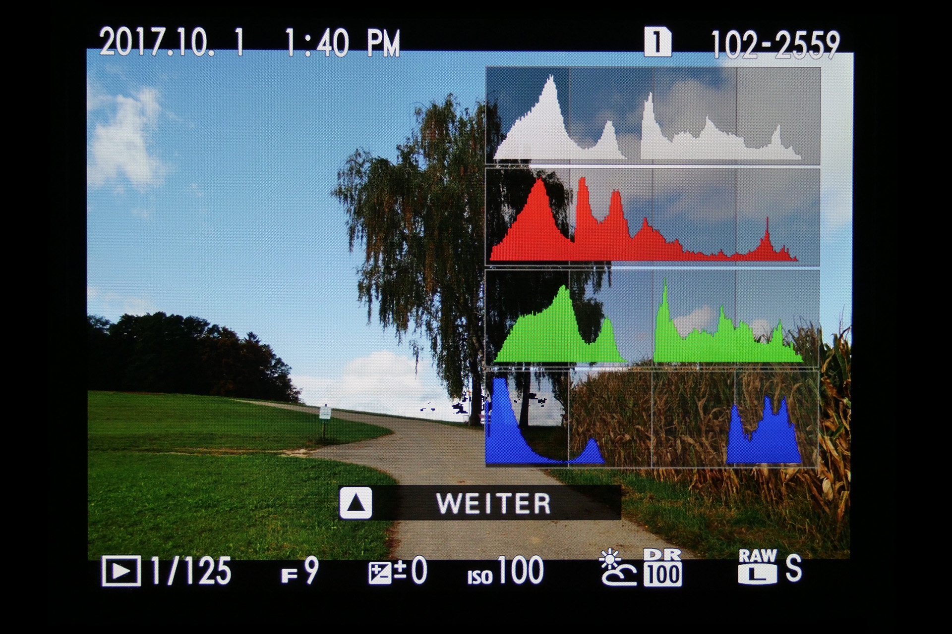 Fujifilm GFX 50S: Wiedergabemenü, Histogramme, durch vertikales Blättern sind weitere Infos abrufbar.