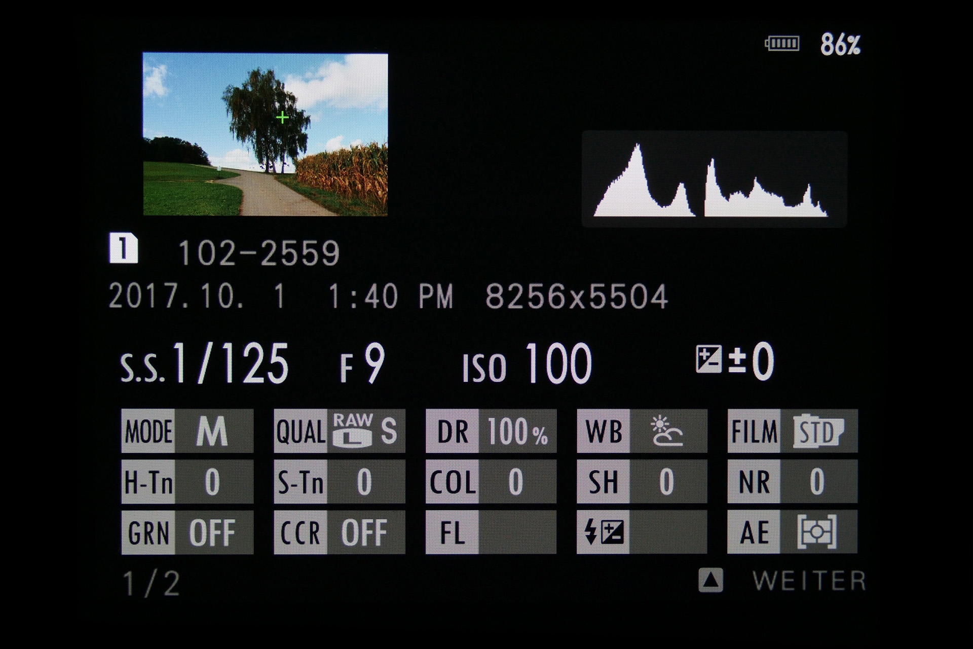 Fujifilm GFX 50S: Wiedergabemenü, Durch vertikales Blättern sind weitere Infos abrufbar, Seite 1.