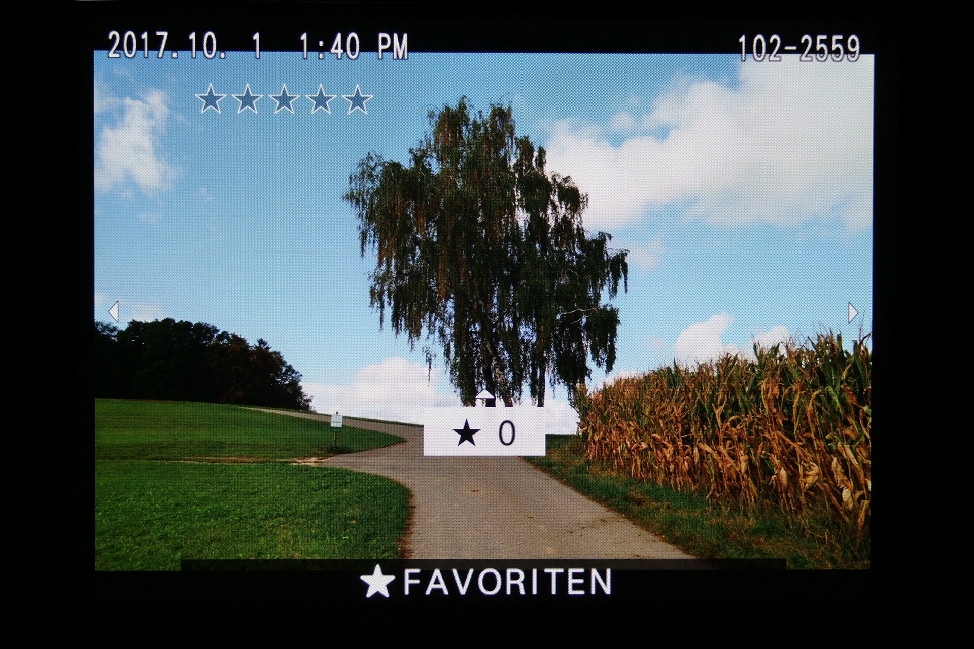 Fujifilm GFX 50S: Wiedergabemenü, Favoritenwahl bestimmen durch Anzahl Sterne.