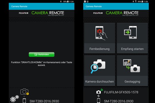 Fujifilm GFX 50S per WiFi steuern: Ist die Verbindung hergestellt, stehen vier Anwendungen zu Auswahl bereit.