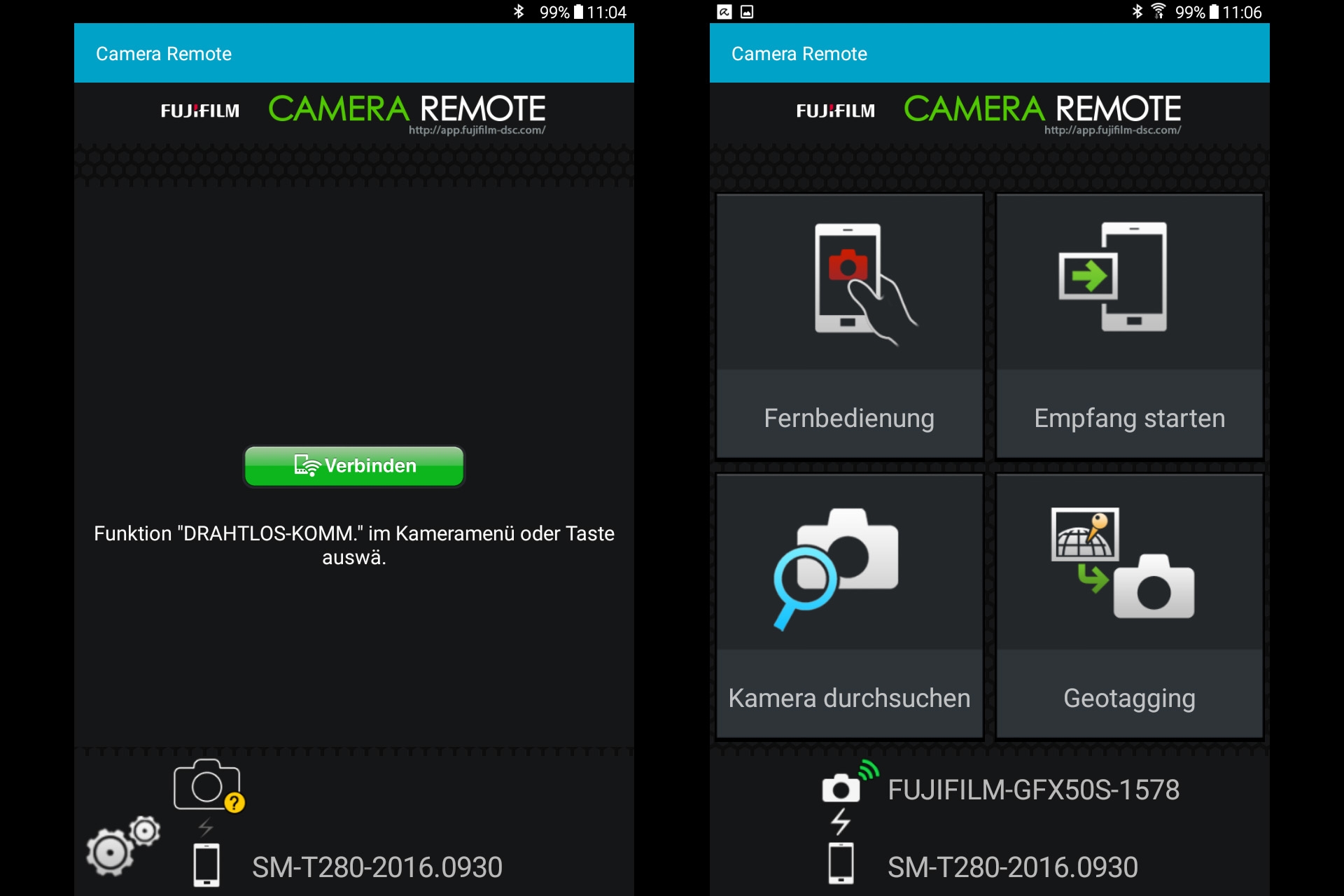 Fujifilm GFX 50S per WiFi steuern: Ist die Verbindung hergestellt, stehen vier Anwendungen zu Auswahl bereit.