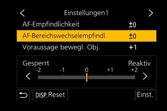 Panasonic Lumix G9: Jede der vier Einstellungen lässt sich über drei Parameter noch präziser ans eigene Motiv anpassen, hier AF-Bereichswechsel.