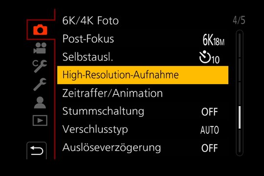 Panasonic Lumix G9: Menüpunkt für die neue High-Resolution-Funktion.