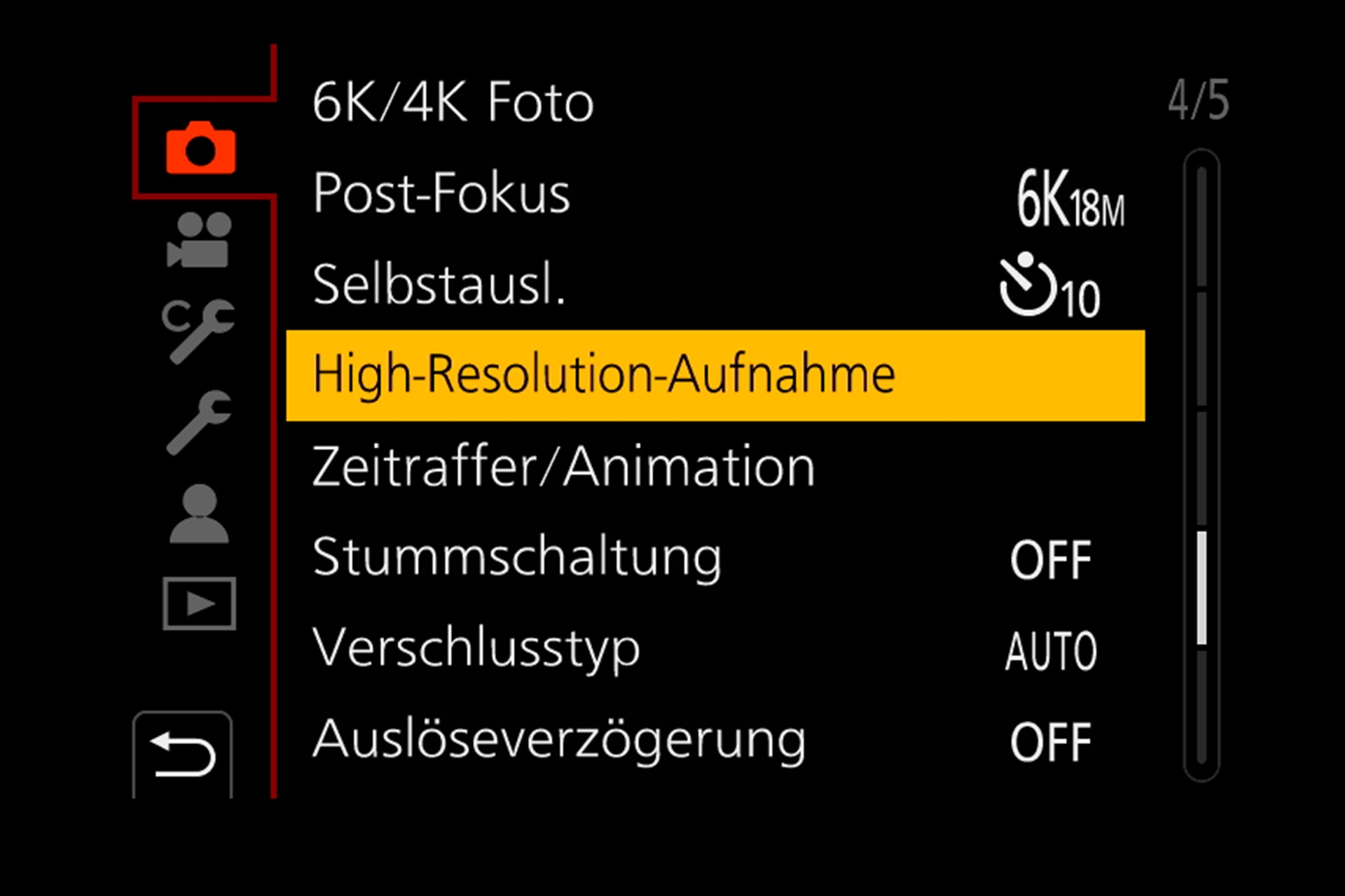 Panasonic Lumix G9: Menüpunkt für die neue High-Resolution-Funktion.