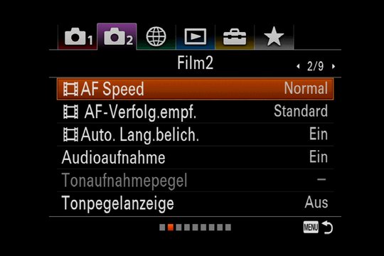 Sony Alpha 7R III Menüsystem. Kameramenü 2, Film 2, Seite 2 von 9.
