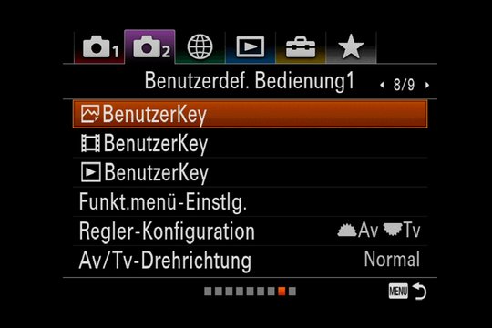 Sony Alpha 7R III Menüsystem. Die Funktions- und weitere Tasten können mit eigenen Einstellungen belegt werden, getrennt nach Foto-, Video- und Wiedergabe-Modus.