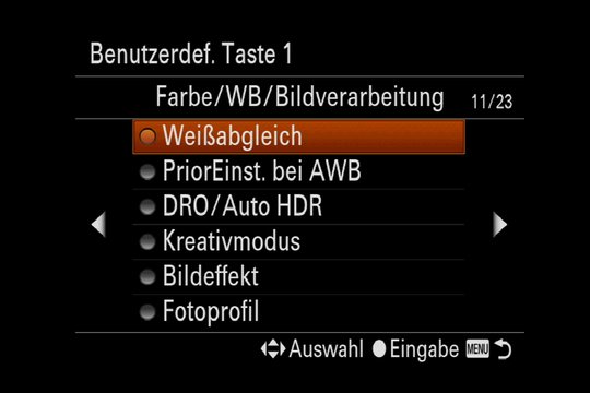 Sony Alpha 7R III Menüsystem. Die gewünschte Taste, hier Benutzertaste 1, kann mit einer Funktion aus einer 23 Menüseiten langen Auswahl belegt werden.