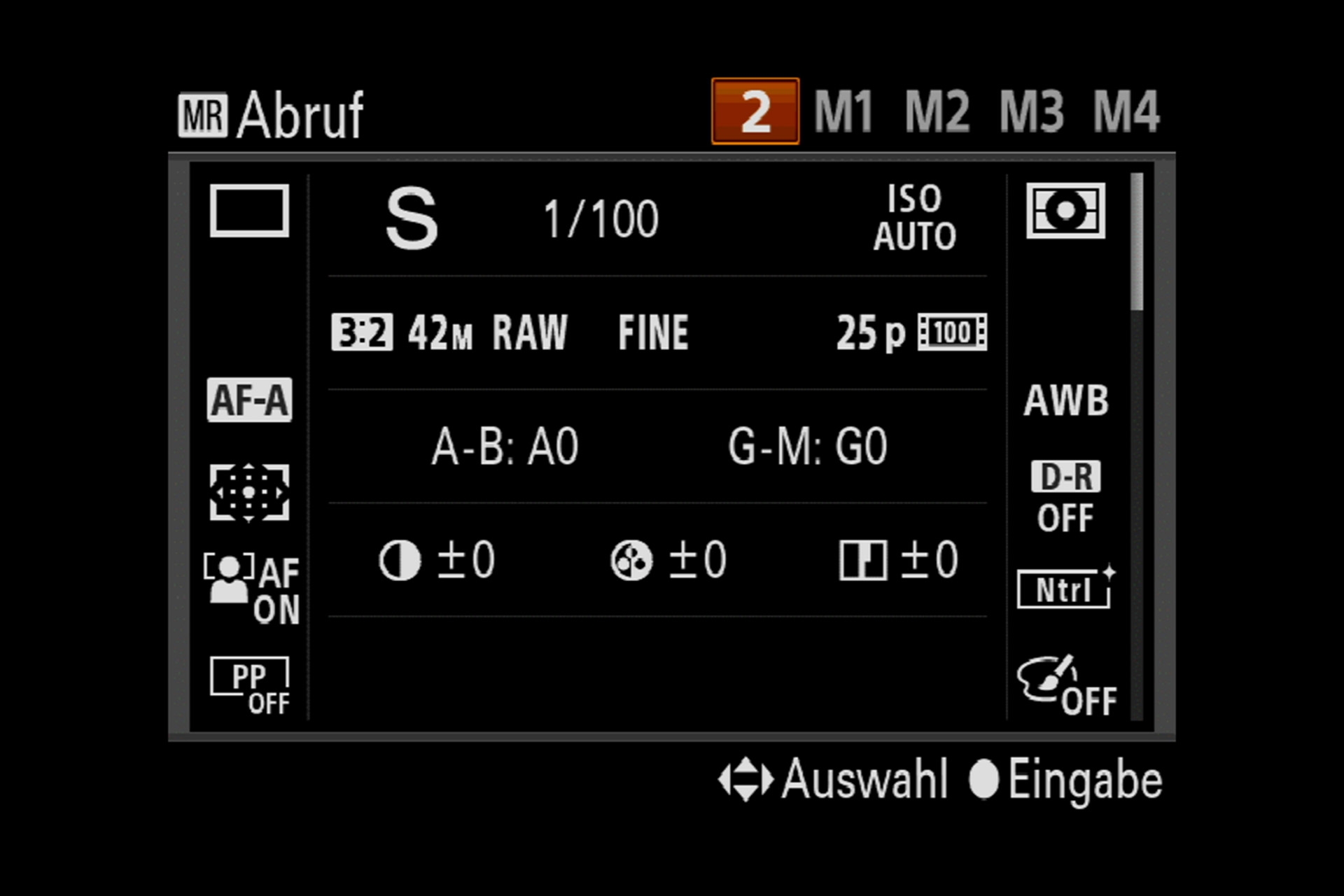 Sony Alpha 7R III Menüsystem. Abruf der benutzerbestimmten Funktionen auf Programmwählrad-Position zwei.