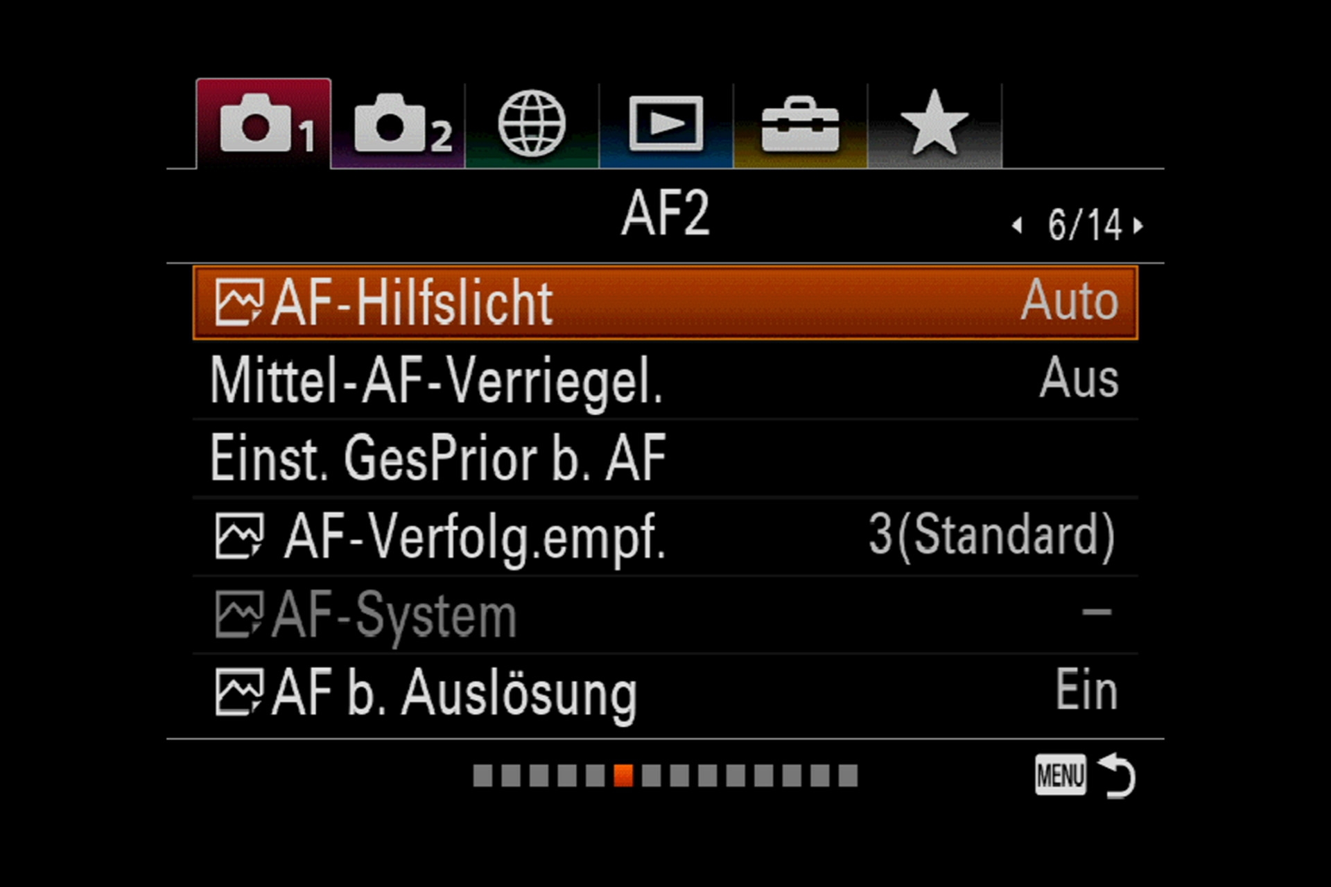 Sony Alpha 7R III Menüsystem: AF2,, Mittel-AF Verriegel., Einst. GesPrior b. AF., AF-Verfolg.empf.