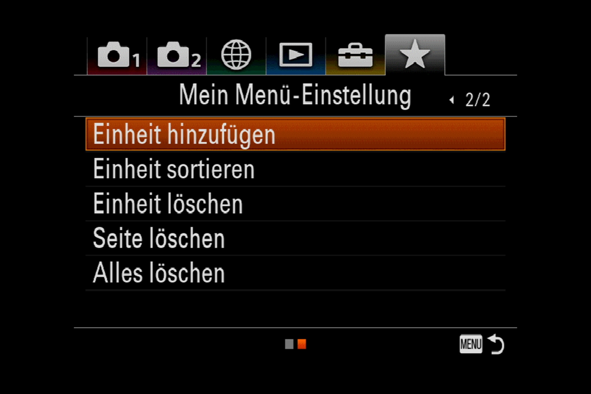 Sony Alpha 7R III Menüsystem: Mein Menü-Einstellung, Einheit sortieren.