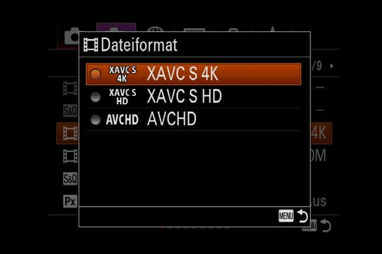 Sony Alpha 7R III Videofunktionen: Aus drei Dateiformaten darf ausgewählt werden.