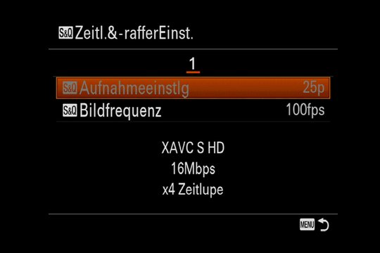Sony Alpha 7R III Videofunktionen: Einstellung der Zeitlupenaufnahme.