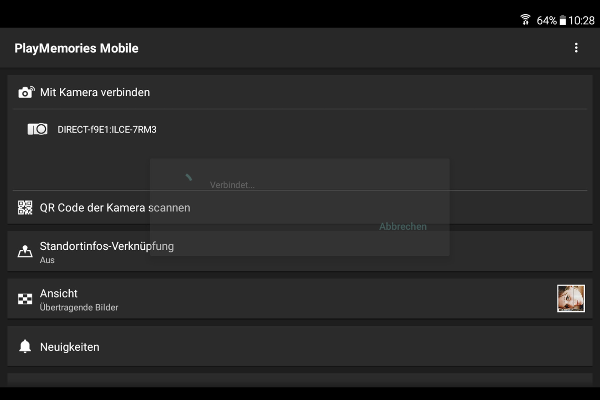 Sony Alpha 7R III WiFi: Menü-Auswahl nach Verbindungsaufnahme.