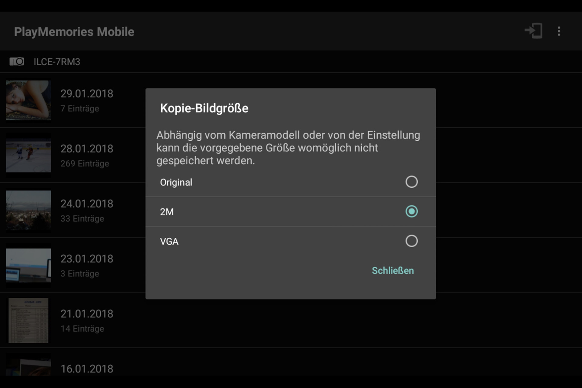 Sony Alpha 7R III WiFi: Fotos von Kamera auf Smartphone übertragen. Je nach Modell ist die Bildgrösse eingeschränkt.