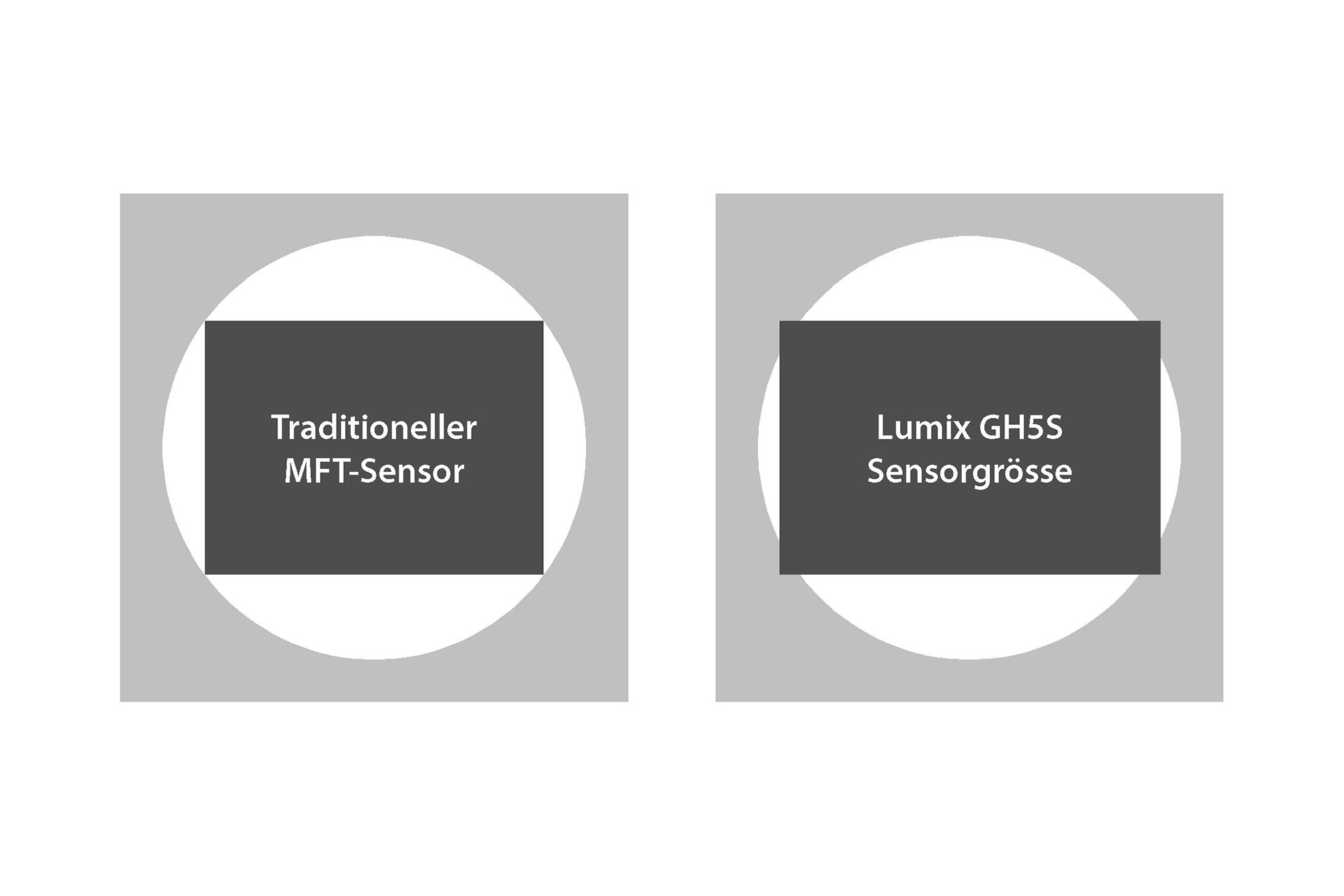 Sensorflächenvergleich GH5 und GH5S: Beide Sensoren füllen den FourThird-Bildkreis aus. Der neue GH5S-Sensor ist jedoch breiter und ragt mit den Ecken darüber hinaus. Er verfügt über eine totale Fläche von 4096 x 2760 Pixel, die je nach Seitenverhältnis unterschiedlich belegt wird.