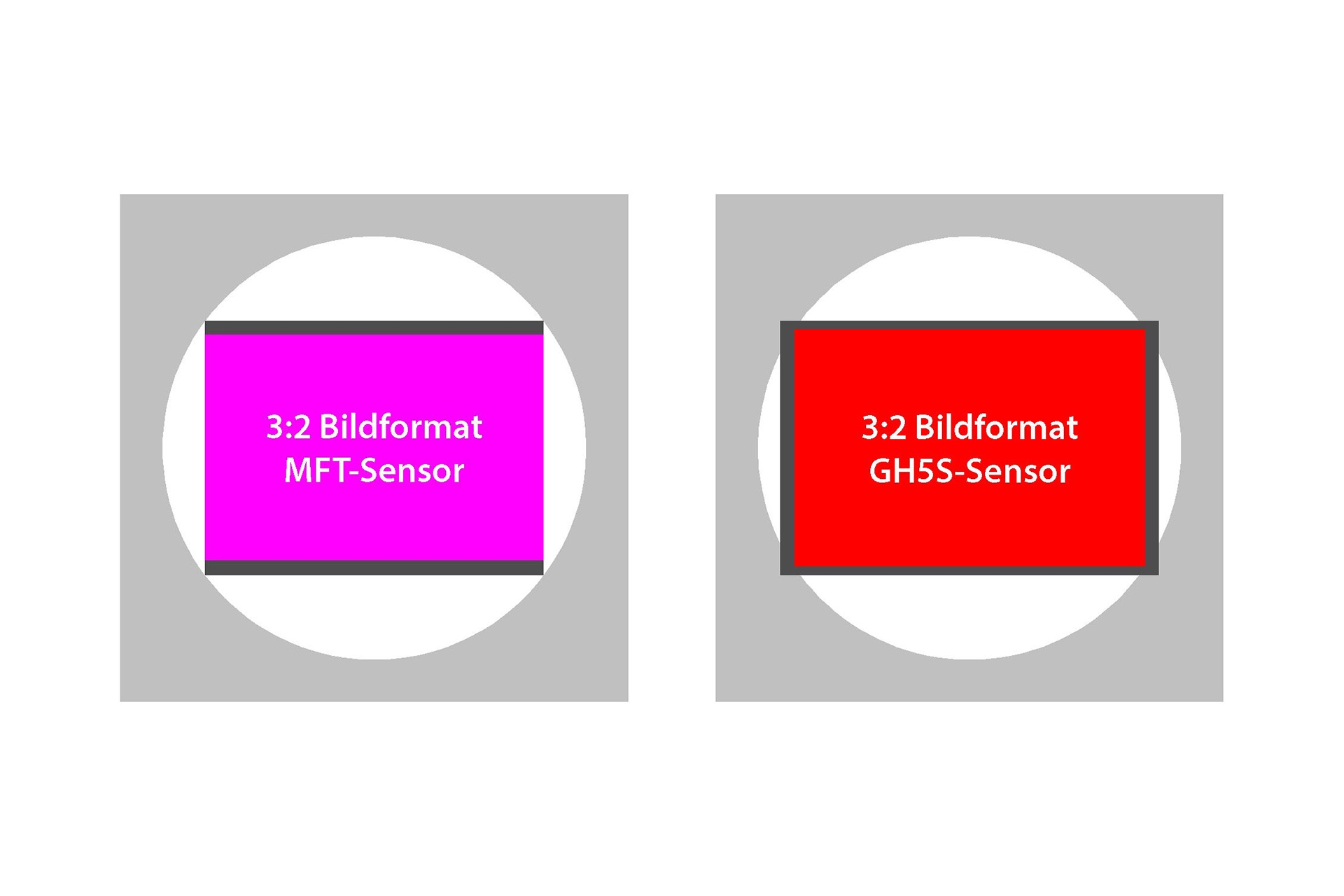Sensorflächenvergleich GH5 und GH5S: Wird im breiteren 3:2-Verhältnis fotografiert, wird beim normalen Micro-FourThirds-Sensor die Fläche kleiner, da oben und unten Pixel unbenutzt bleiben. Zugleich ändert sich der Bildwinkel. Der GH5S-Sensor kann hingegen die volle Breite ausnützen, liefert 3840 x 2560 Pixel und behält den diagonalen Bildwinkel bei.