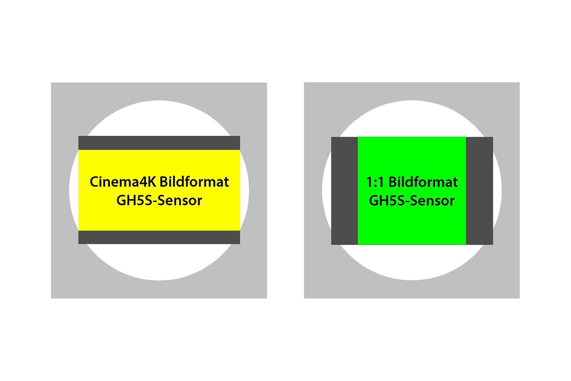 Sensorflächenvergleich GH5 und GH5S: Im 16:9-Verhältnis hat der GH5S-Sensor immer noch etwas Pixelreserve am linken und rechten Rand. Dies ermöglicht es, im noch etwas breiteren Cinema4K-17:9-Verhältnis zu filmen, unter Ausnutzung der gesamten Breite des Sensors. Dies ergibt 4K-Videos mit 4096 x 2160 Pixel Grösse. Beim 1:1-Verhältnis verschenkt auch der GH5S-Sensor viele Pixel links und rechts. Um hier den Bildkreis optimal auszufüllen, bräuchte es einen viel schmaleren Sensor, der dafür bei den anderen Seitenverhältnissen unnötig viel Fläche vergeuden würde. 