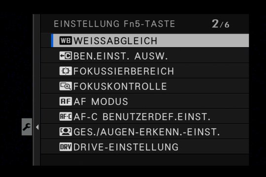 Fujifilm X-H1: Menü zur Anpassung der Funktionstasten. Wählbare Einstellungen für Funktionstaste Fn5.