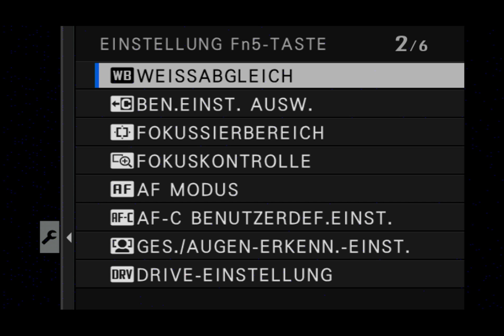 Fujifilm X-H1: Menü zur Anpassung der Funktionstasten. Wählbare Einstellungen für Funktionstaste Fn5.
