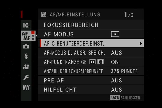 Fujifilm X-H1: Menü 1 von 3 für die Einstellungen der Fokussiermethoden.