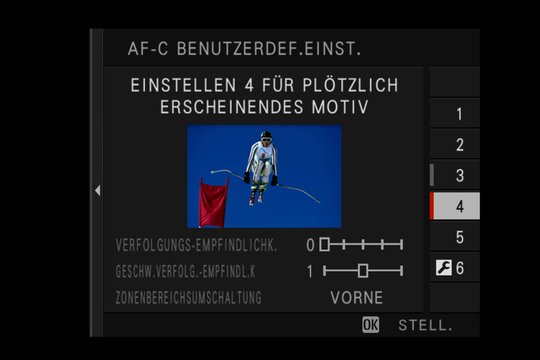 Fujifilm X-H1: Einstellung 4: Fokussiert schnell auf Objekte, welche plötzlich im Fokusbereich auftauchen, z.B. Skirennen, Extremsport.
