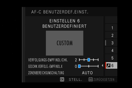 Fujifilm X-H1: Einstellung 6: Frei programmierbar; Anwender können alle drei Parameter selbst bestimmen.