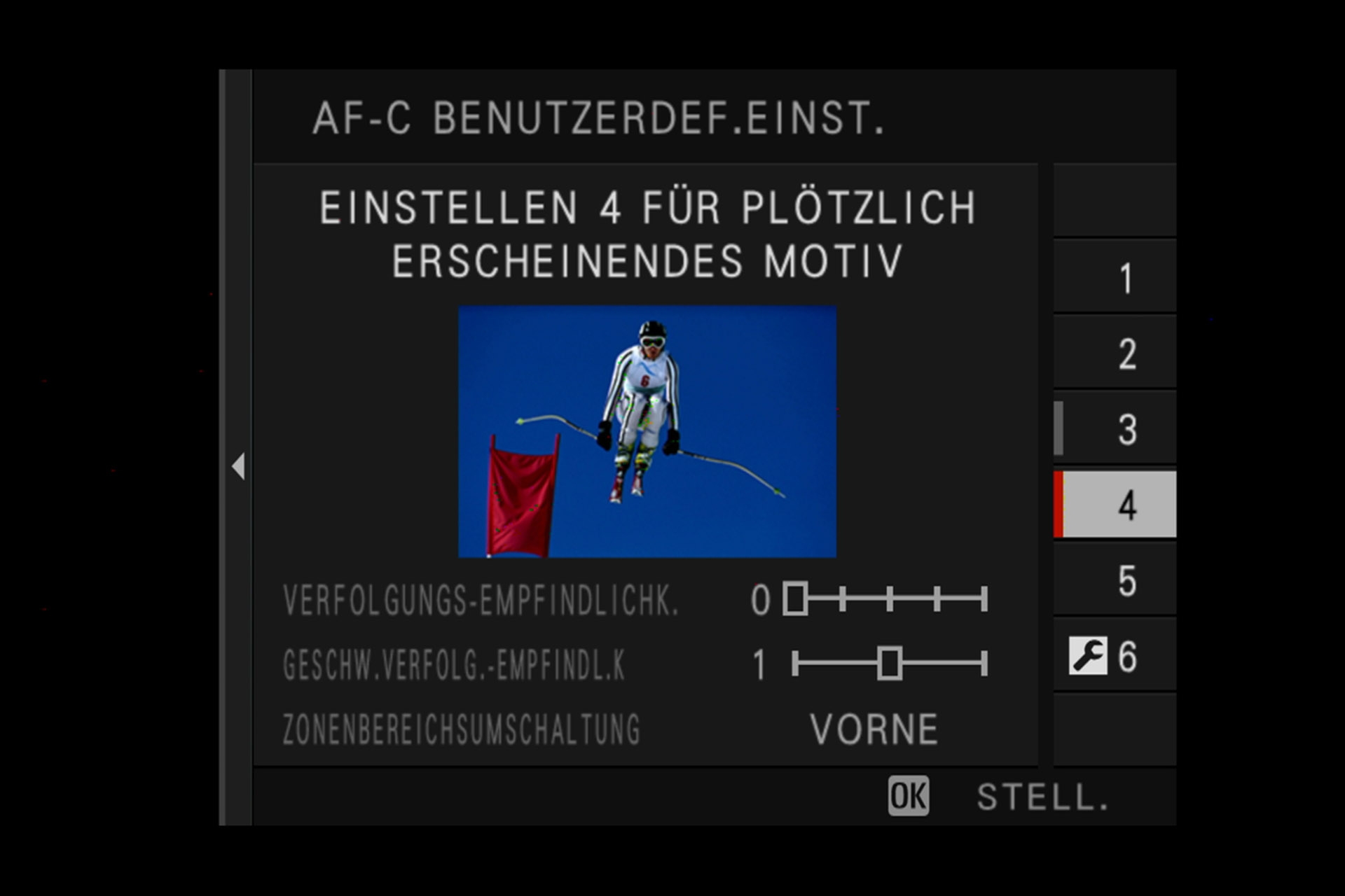 Fujifilm X-H1: Einstellung 4: Fokussiert schnell auf Objekte, welche plötzlich im Fokusbereich auftauchen, z.B. Skirennen, Extremsport.
