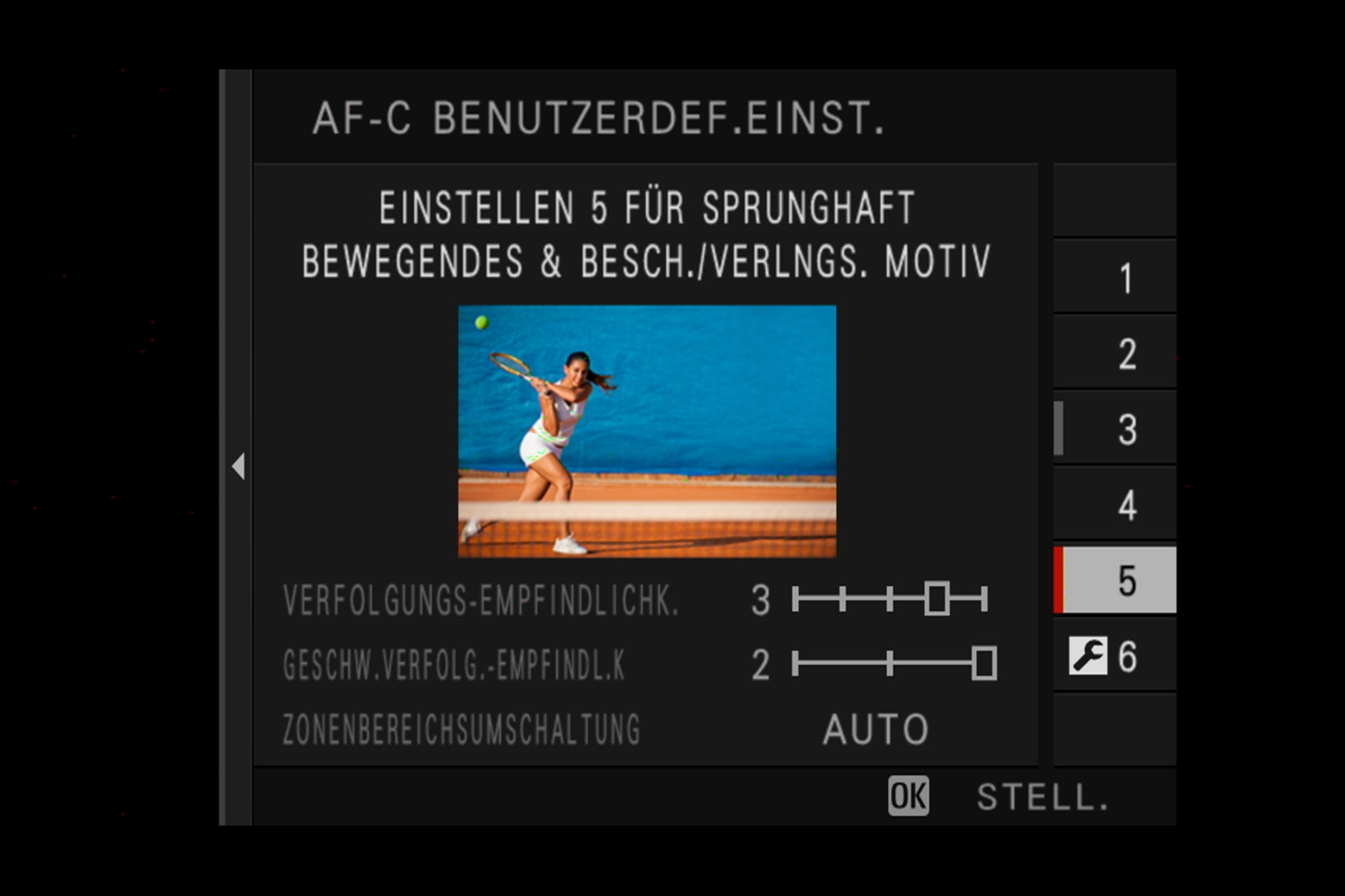 Fujifilm X-H1: Einstellung 5: Anwendbar bei Objekten, welche die Geschwindigkeit wechseln und einen grossen Bewegungsraum haben (links, rechts, vorne, hinten), z.B. Tennis, Fussball.