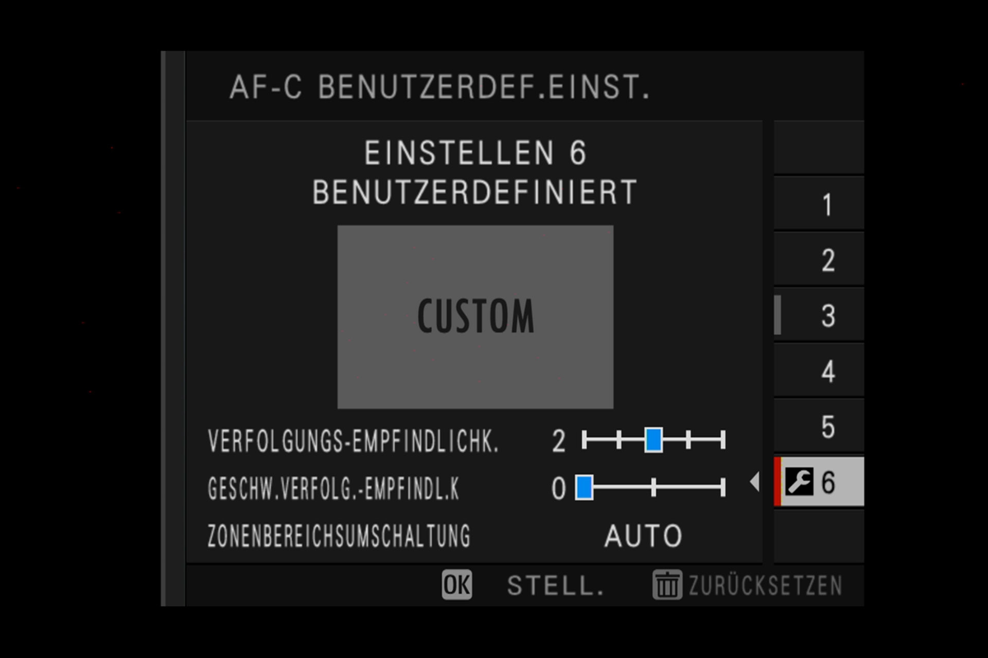 Fujifilm X-H1: Einstellung 6: Frei programmierbar; Anwender können alle drei Parameter selbst bestimmen.