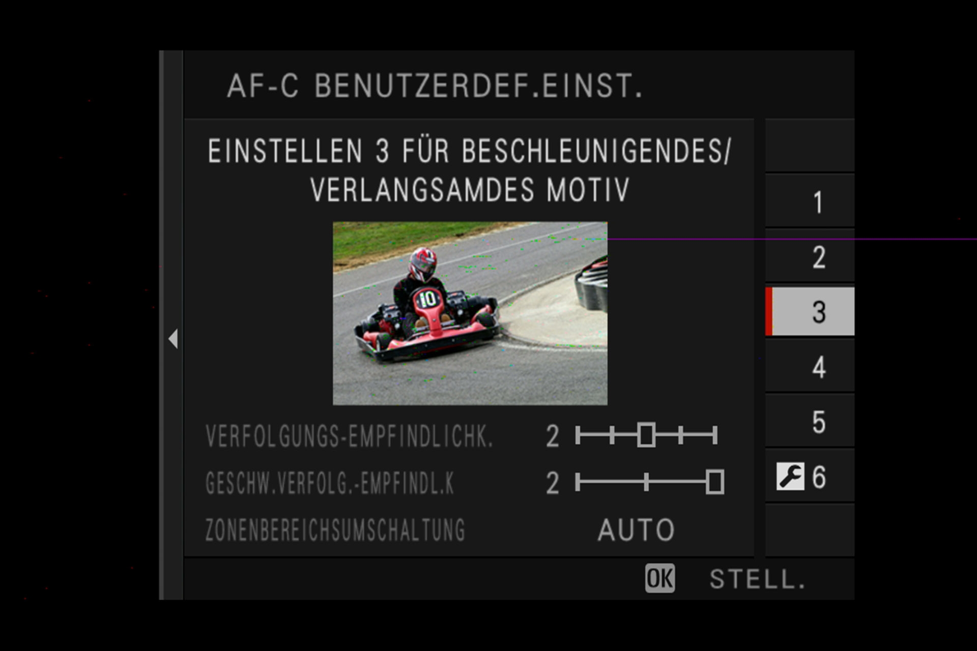 Fujifilm X-H1: Einstellung 3: Autofokus kann plötzliche Beschleunigung oder abrupte Verzögerung erkennen, z.B. Motorsport, Fussball,
Basketball.