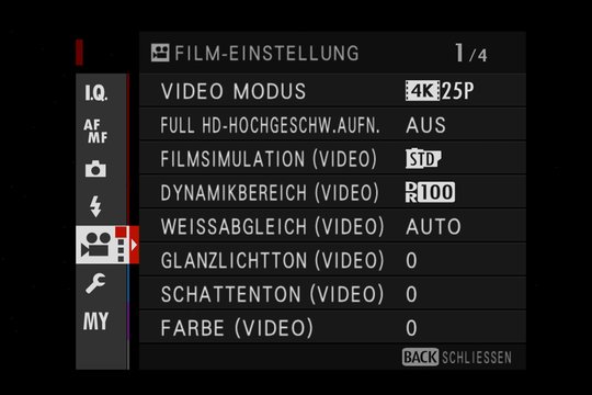 Fujifilm X-H1. Filmeinstellungen, Menü-Seite 1. Der wichtigste Punkt zuoberst: Die Wahl des Videoformats.