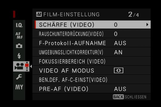 Fujifilm X-H1. Filmeinstellungen, Menü-Seite 2. Mit F-Protokoll-Aufnahme ist das Filmen mit F-Log gemeint.