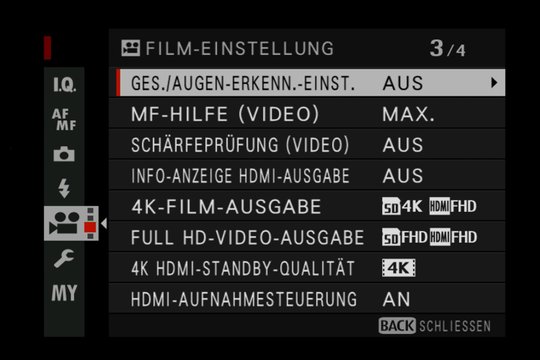 Fujifilm X-H1. Filmeinstellungen, Menü-Seite 3. Auch beim Filmen lässt sich der Autofokus auf die Augen festsetzen.