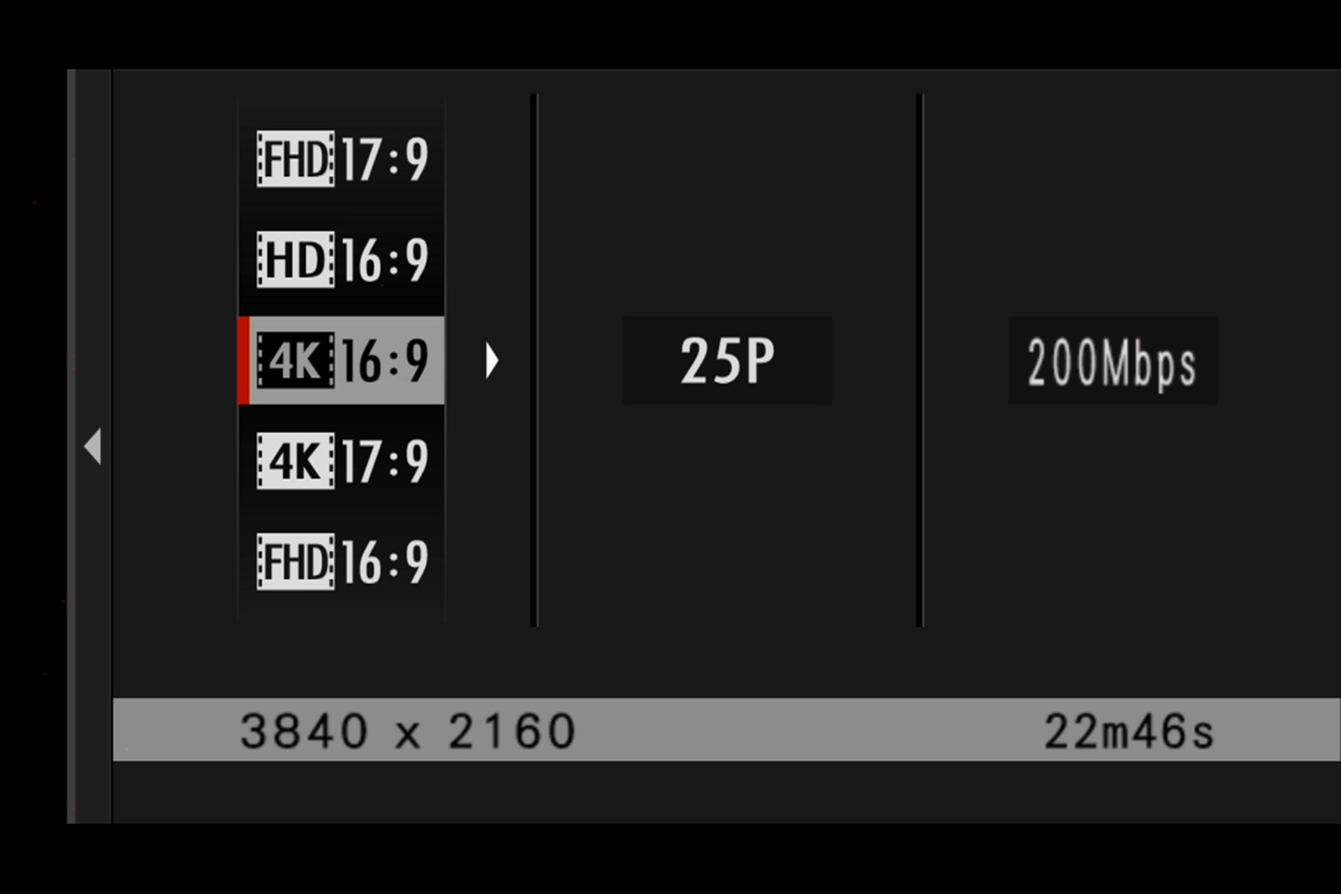 Fujifilm X-H1. Filmeinstellungen, Format-Auswahl: Die höchste Videodatenrate beträgt bei UHD 25p 200 Megabit pro Sekunde.