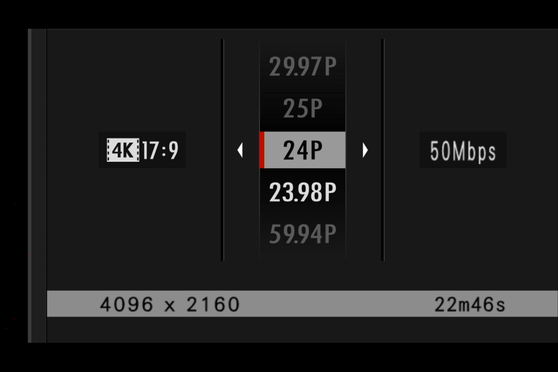 Fujifilm X-H1. Filmeinstellungen, Format-Auswahl: Die höchste Videoauflösung ist Cinema-4K mit 4096 x 2160 Pixeln.