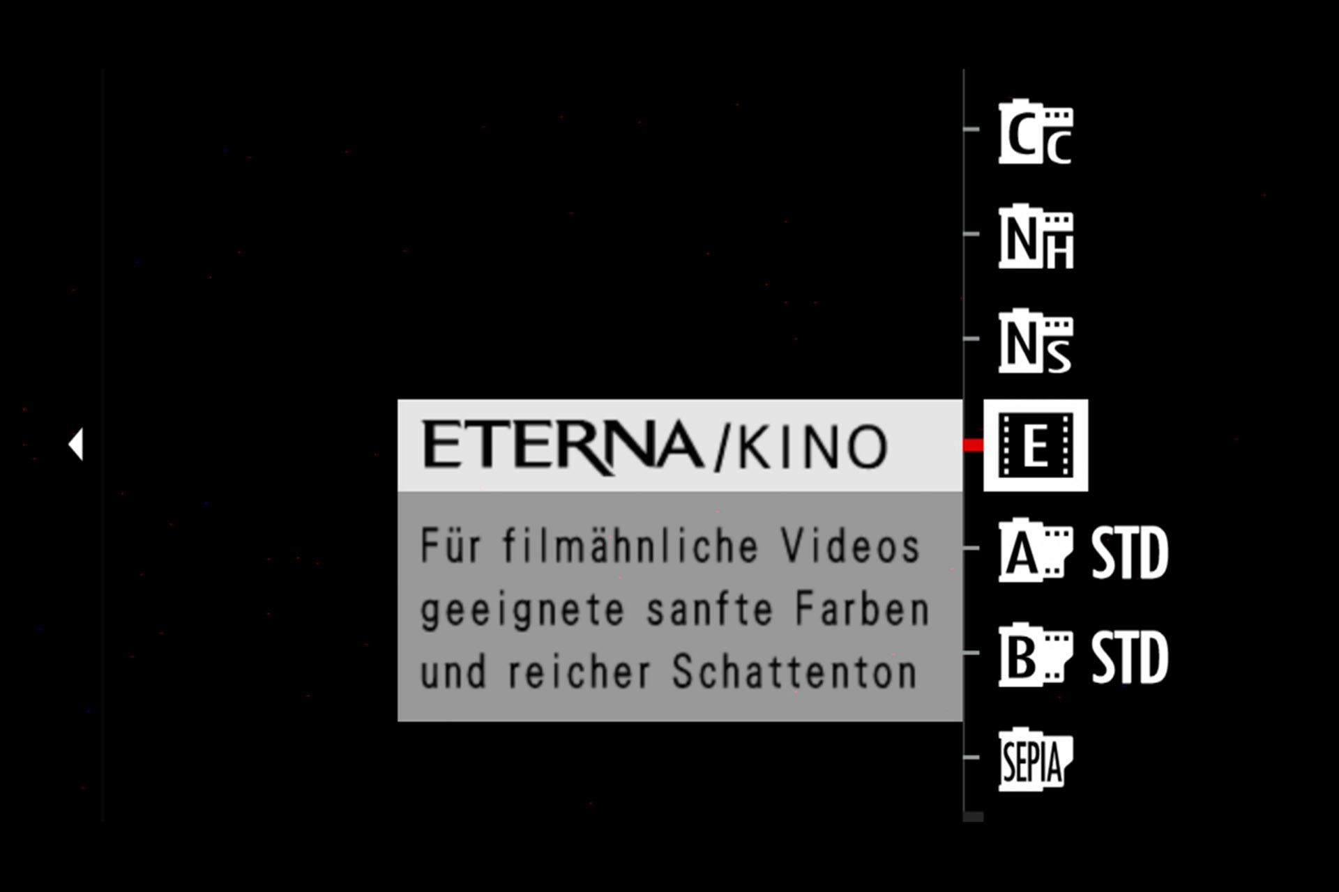 Fujifilm X-H1. Filmeinstellungen, Analogfilm-Simulationen: Der Eterna/Kino Look wurde speziell für Videoaufnahmen geschaffen.
