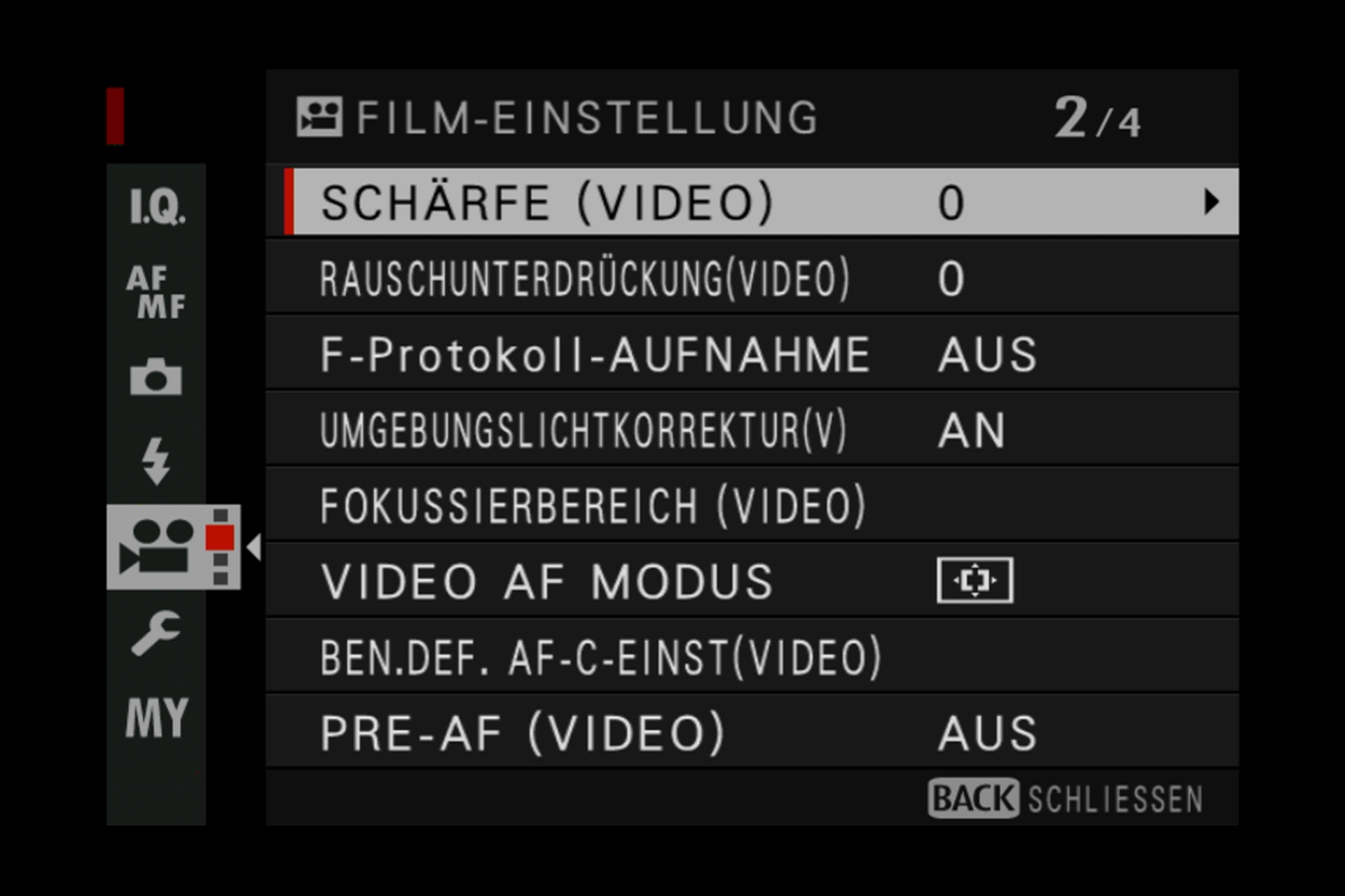Fujifilm X-H1. Filmeinstellungen, Menü-Seite 2. Mit F-Protokoll-Aufnahme ist das Filmen mit F-Log gemeint.