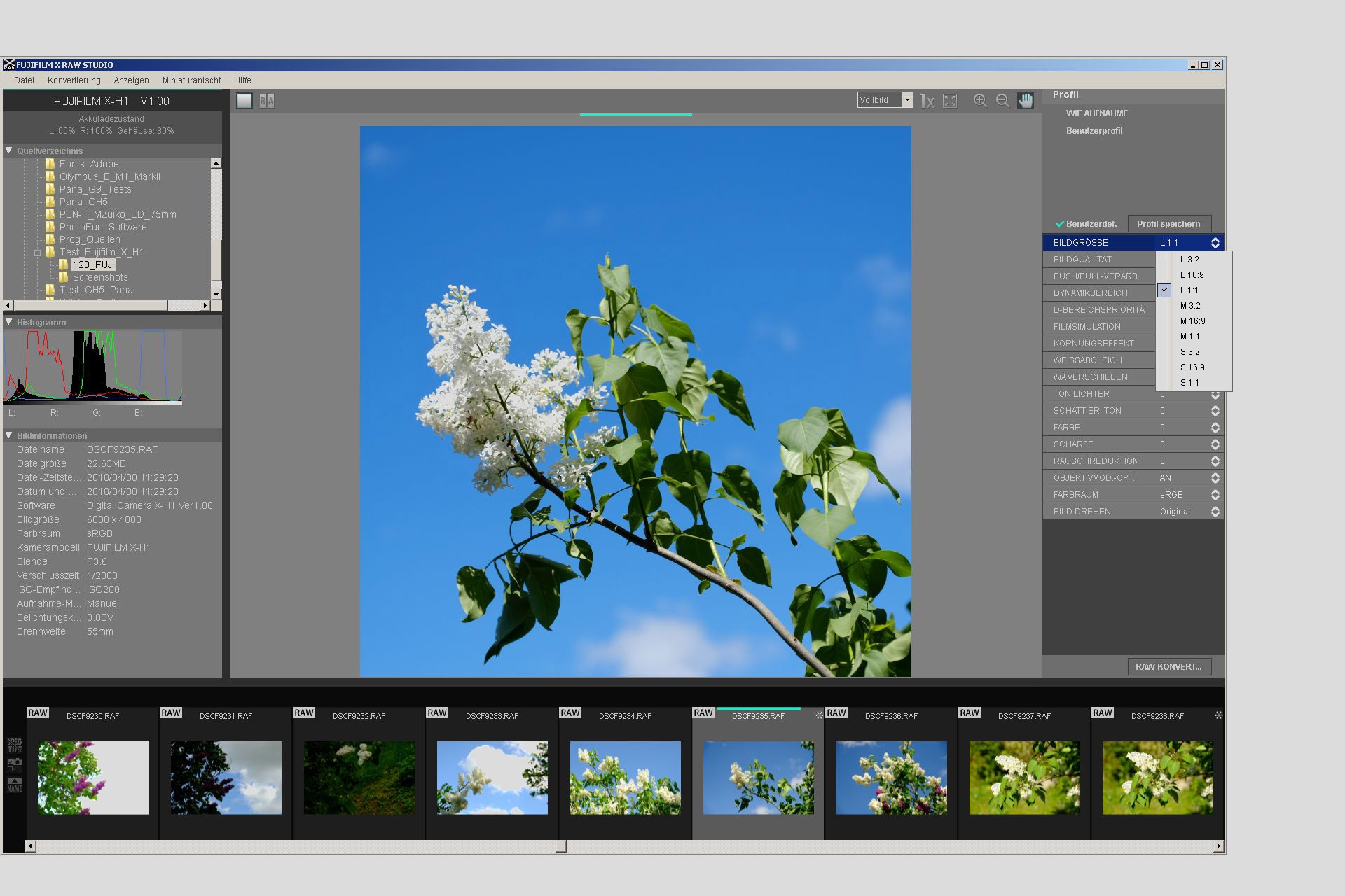 Fujifilm X-H1. Entwicklung der Raw-Daten im Fujifilm X Raw Studio: Nachträgliches Anpassen von Bildgrösse und -format.