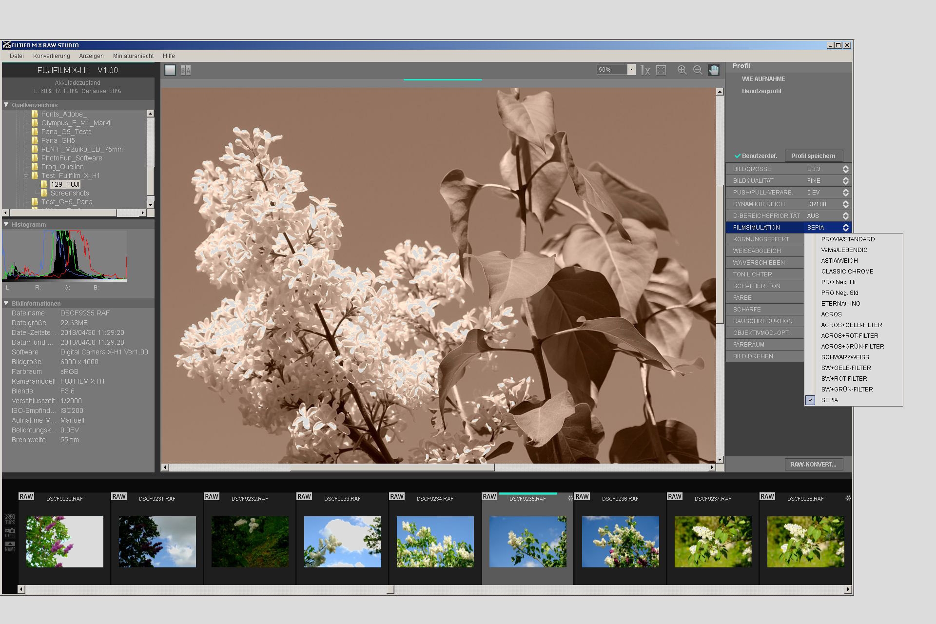 Fujifilm X-H1. Entwicklung der Raw-Daten im Fujifilm X Raw Studio: Nachträgliches Anpassen der Analogfilm-Simulation von Standard Provia auf Sepia.