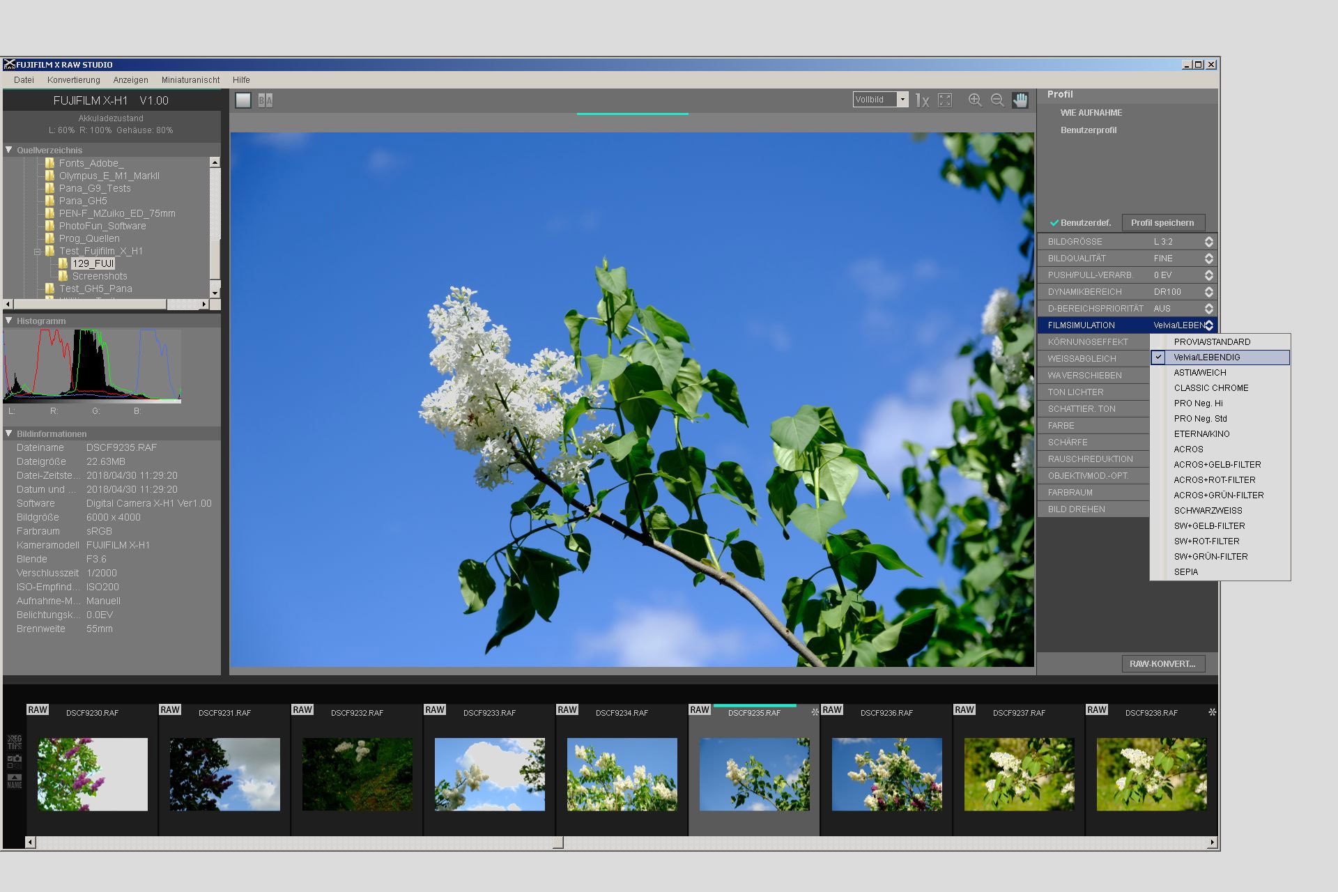 Fujifilm X-H1. Entwicklung der Raw-Daten im Fujifilm X Raw Studio: Nachträgliches Anpassen der Analogfilm-Simulation von Standard Provia auf Velvia.