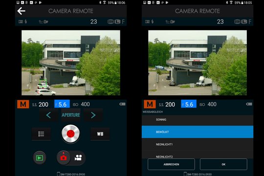 Fujifilm X-H1. Steuerung per WiFi: Einstellungen im Fotomodus, Anpassung von Auto-ISO auf Bewölkt.
