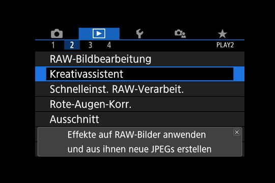 Canon M50, Einsteiger-Hilfe und Menüsystem. Der Kreativ-Assistent hilft schon bei der Aufnahme oder nachher beim Anpassen von RAW-Bildern.