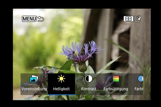 Canon M50, Einsteiger-Hilfe und Menüsystem. Der kreative Assistent hält Voreinstellungen parat oder erlaubt das eigene Anpassen des Fotos.