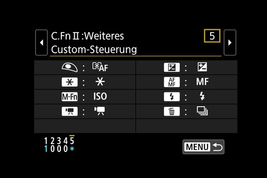 Canon M50, Bedienung mit Anpassungen. Beinahe alle Tasten dürfen umprogrammiert werden.