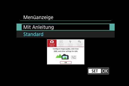 Canon M50, Einsteiger-Hilfe und Menüsystem. Menüanzeige mit Anleitung.