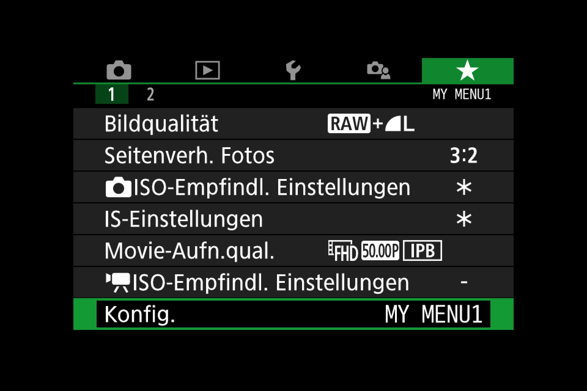 Canon M50, Bedienung mit Anpassungen. Oft gebrauchte Einstellungen können im eigenen Menü-Reiter «MyMenu» zusammengefasst werden.