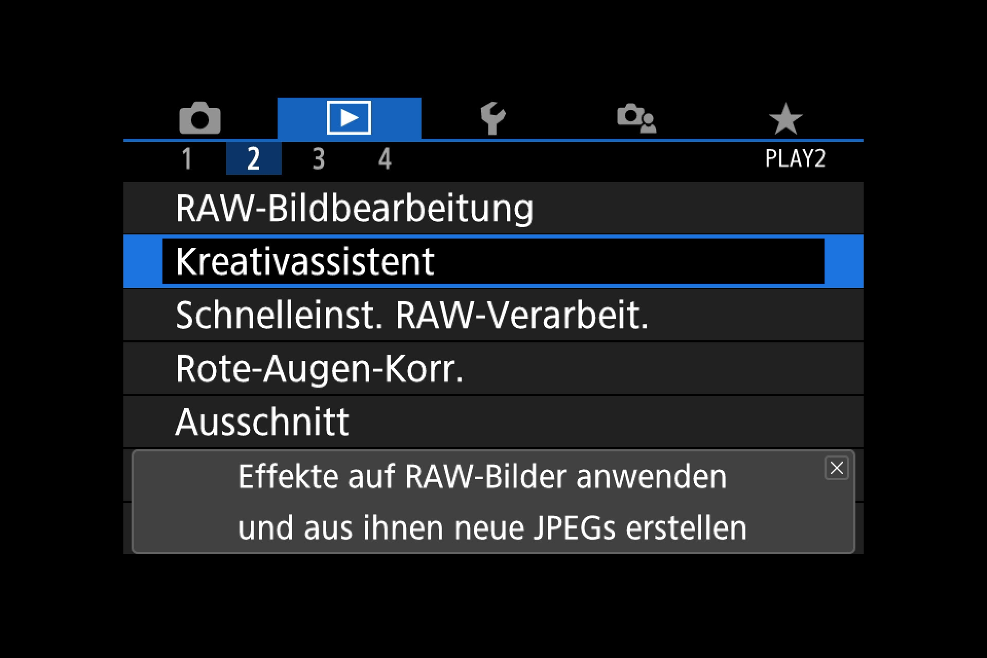 Canon M50, Einsteiger-Hilfe und Menüsystem. Der Kreativ-Assistent hilft schon bei der Aufnahme oder nachher beim Anpassen von RAW-Bildern.