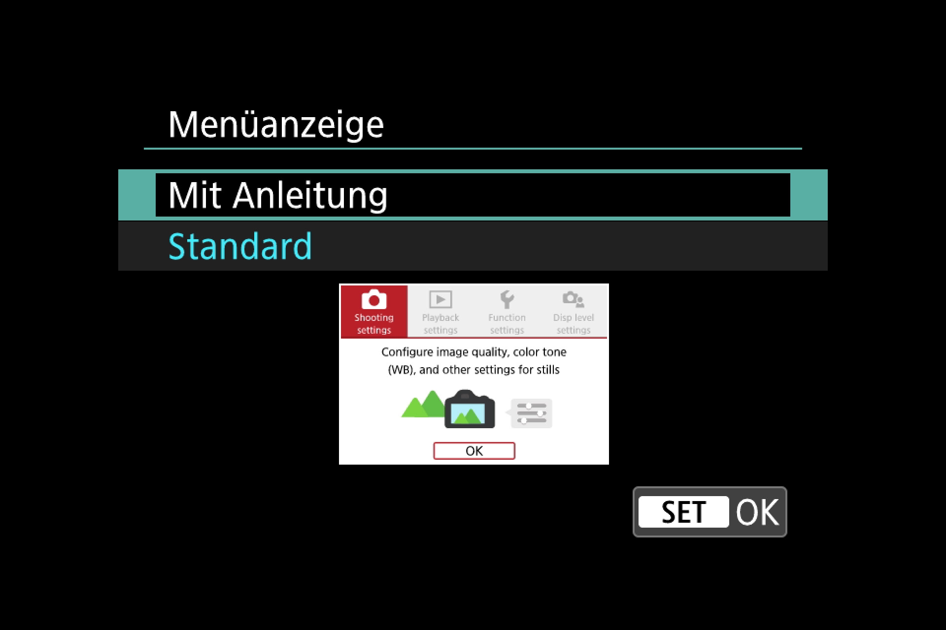 Canon M50, Einsteiger-Hilfe und Menüsystem. Menüanzeige mit Anleitung.