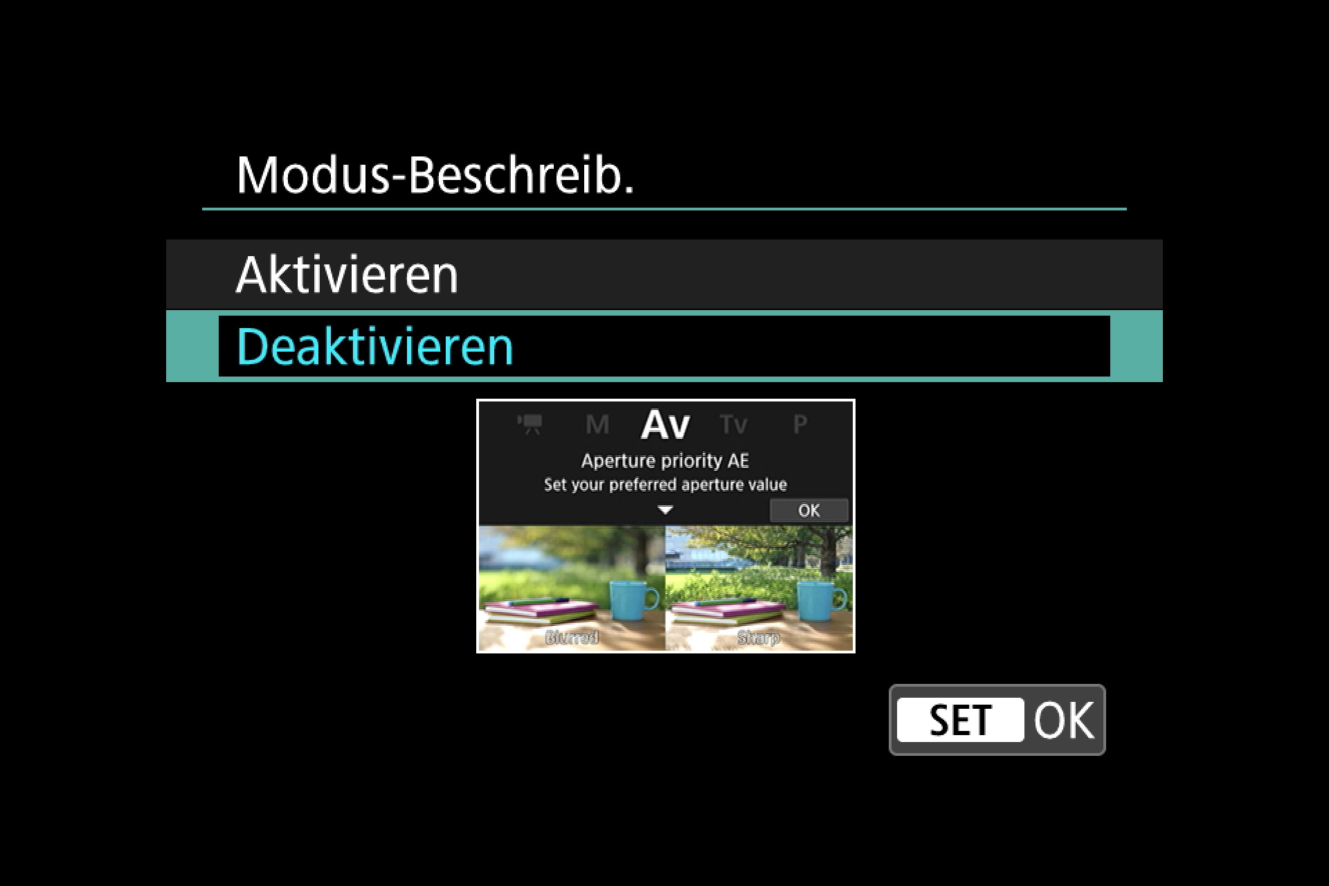 Canon M50, Einsteiger-Hilfe und Menüsystem. Wählbare Beschreibung der einzelnen Kamera-Modi.
